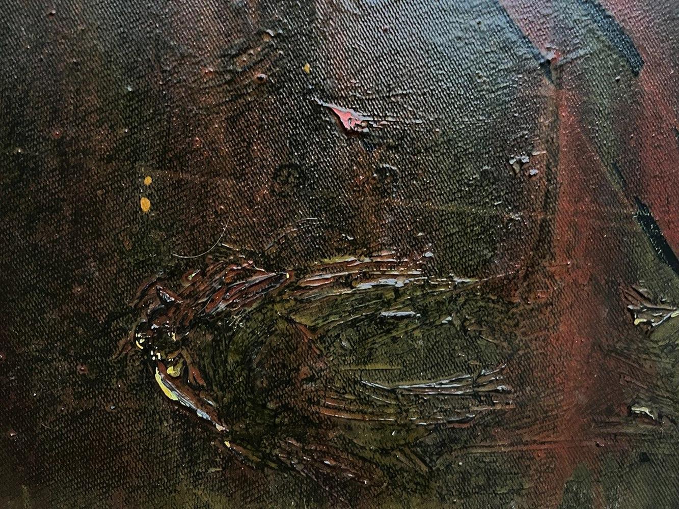 Oil painting Movement by Serhiy Kovalev: textured bird in browns and greens