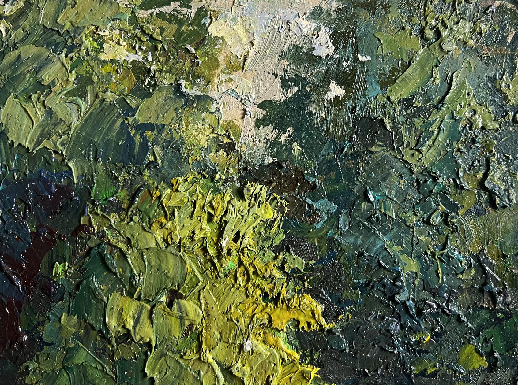 Oil painting In the forest pond by Boris Serdyuk with green yellow impasto brushstrokes