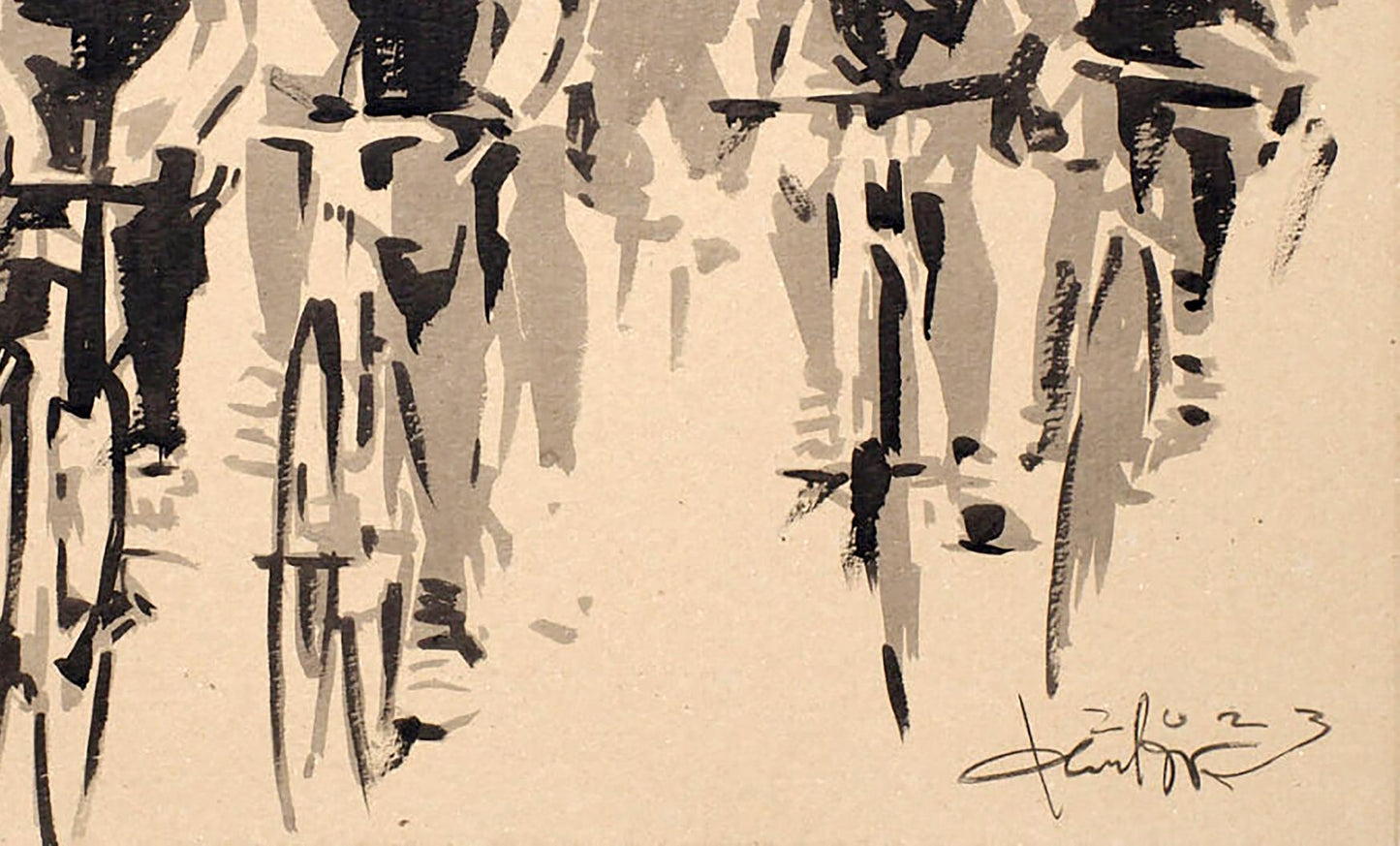Abstract ink painting of Dima Filatov I want to ride my bicycle on beige
