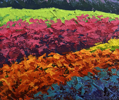 Vibrant Sunset in the Mountains oil painting by V. Zadorozhnya with neon layers