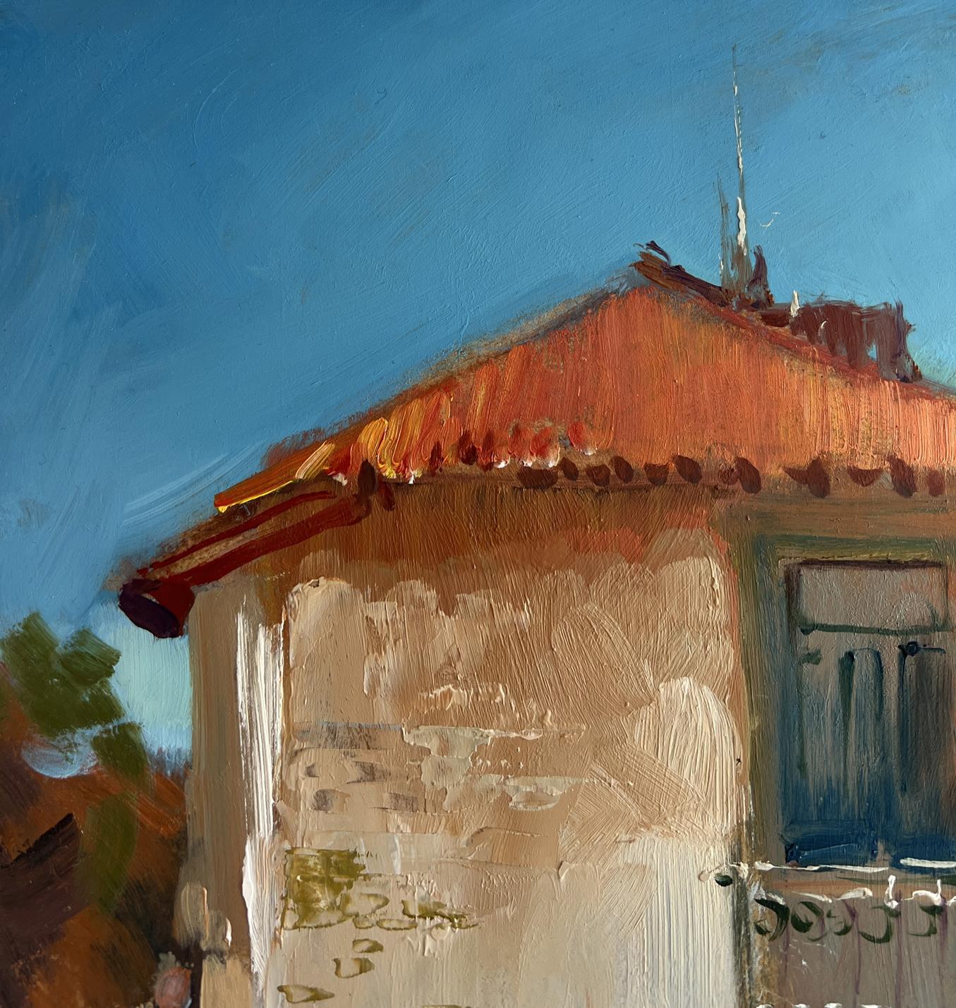 Oil painting Warm wind on the streets by Yuriy Suprunchuk: stucco wall, orange roof, blue sky