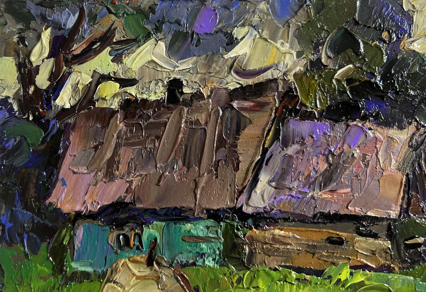 Oil painting Evening cold breeze by Oleksiy Ivanyuk, textured rustic house