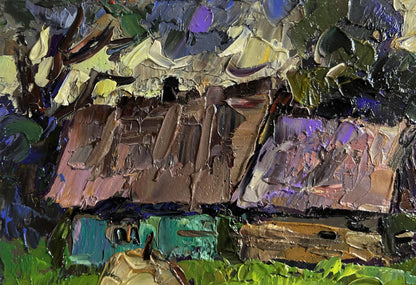 Oil painting Evening cold breeze by Oleksiy Ivanyuk, textured rustic house