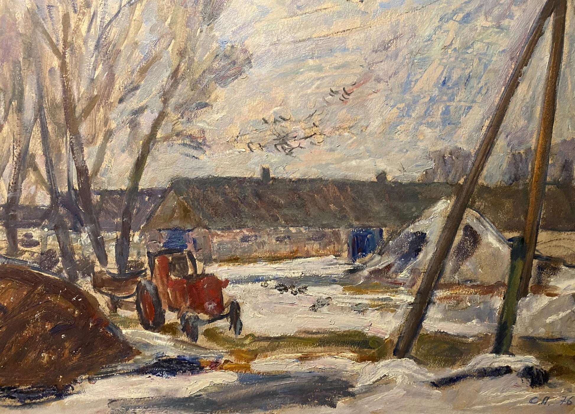 Red vintage tractor in snowy farm yard by Stanislav Petrashevsky oil painting