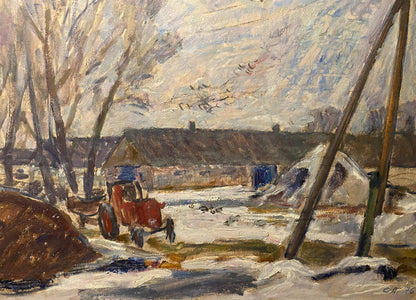 Red vintage tractor in snowy farm yard by Stanislav Petrashevsky oil painting