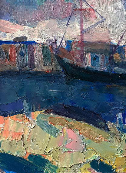 Oil painting of dark sailboat with red mast in blue sea by Pavel Dobrev