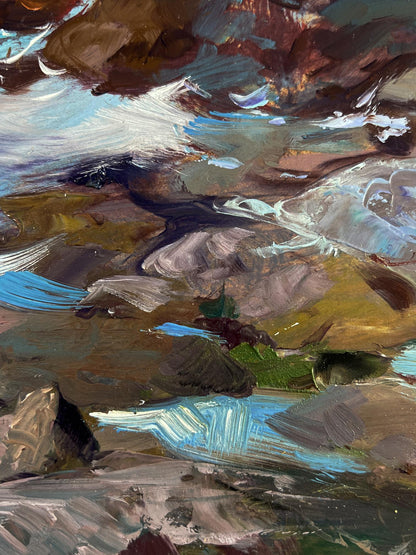 Oil painting of boat on rocky seashore by Yuriy Suprunchuk
