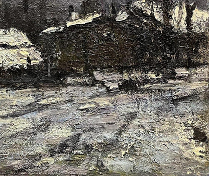 Oil painting Sketch under the village by Volodymyr Pashchenko, dark rugged landscape