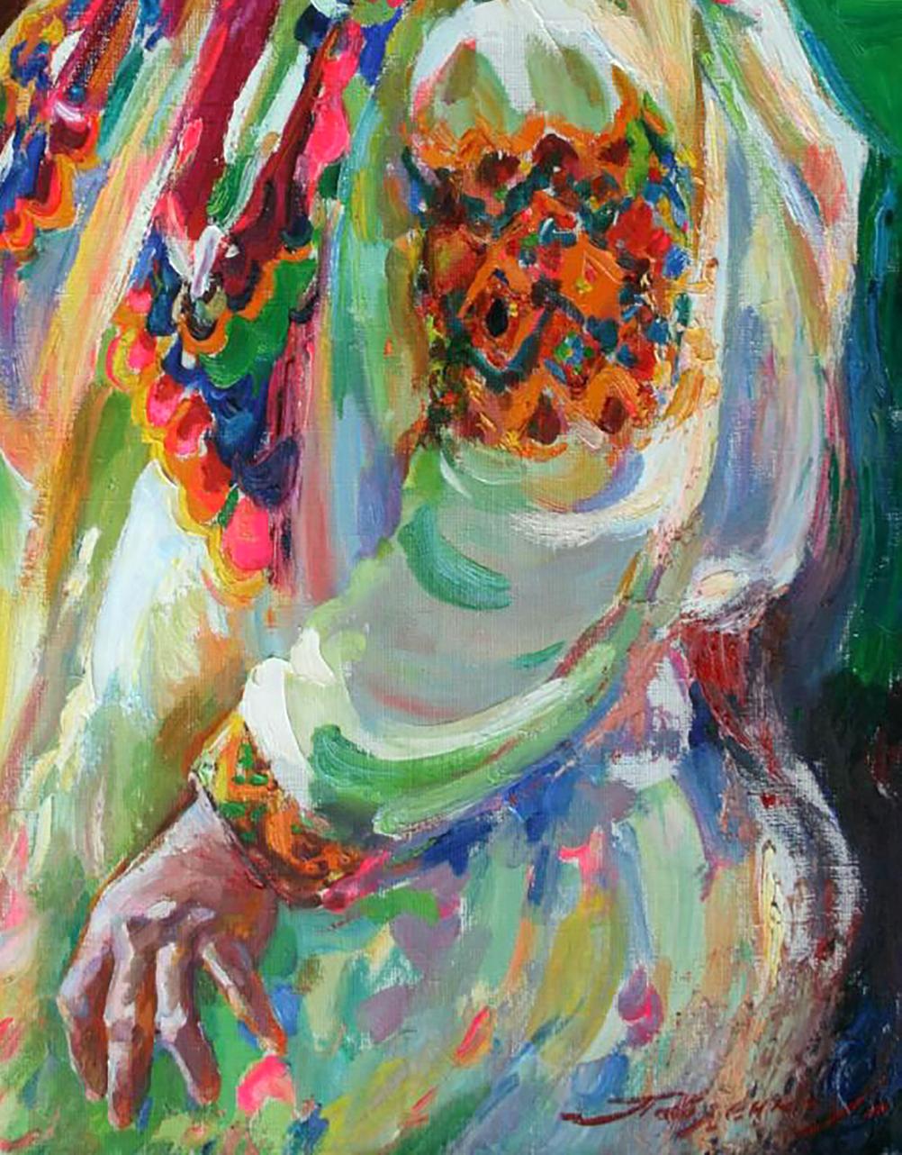 Vibrant impressionist oil painting by Leonid Pavlenko of figure in festive clothes