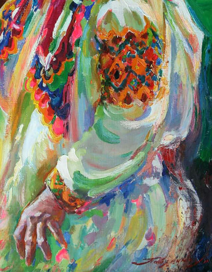 Vibrant impressionist oil painting by Leonid Pavlenko of figure in festive clothes