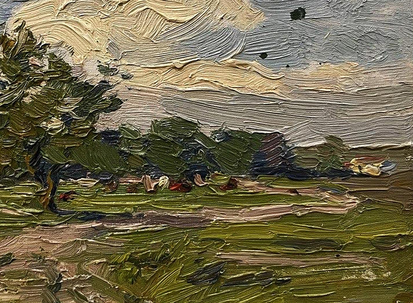 Impressionistic oil painting of pastoral landscape with white clouds by Yury Konovalov