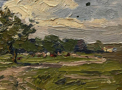 Impressionistic oil painting of pastoral landscape with white clouds by Yury Konovalov