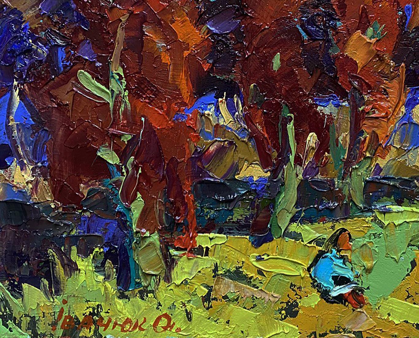 Vibrant Autumn Crimson oil painting by Oleksiy Ivanyuk with bold impressionist strokes