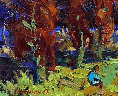 Vibrant Autumn Crimson oil painting by Oleksiy Ivanyuk with bold impressionist strokes