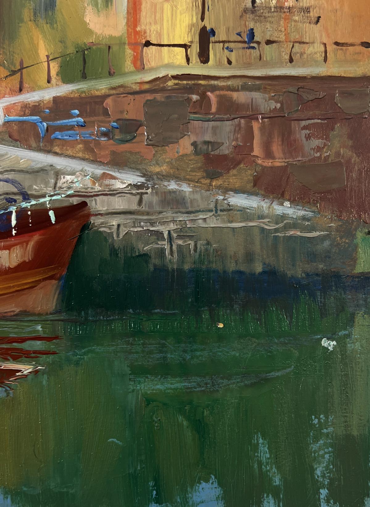 Oil painting of vibrant red boat on quay by Yuriy Suprunchuk