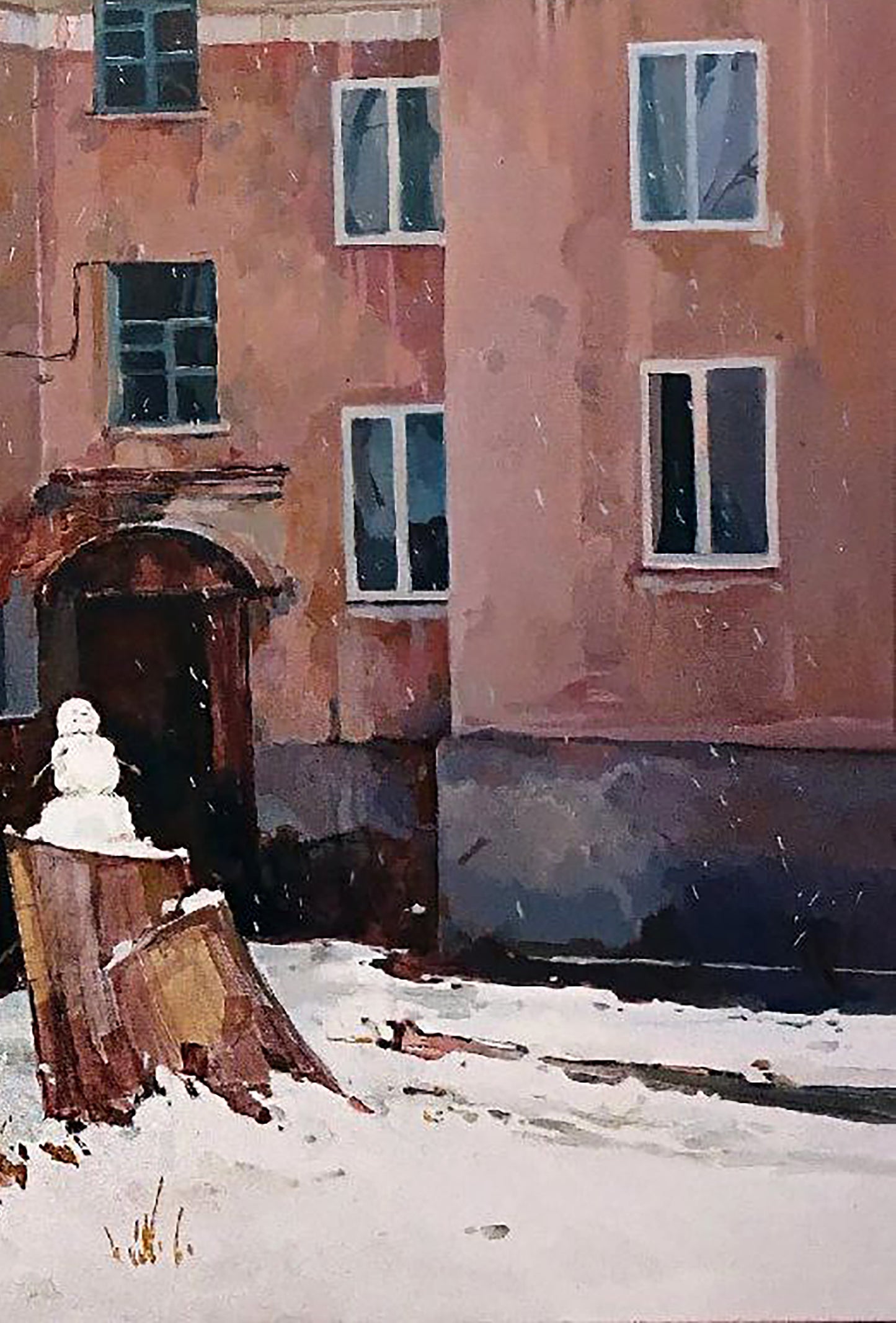 Oil painting Morning in the city by Anastasia Yaroshevich: small white snowman on snowy stump
