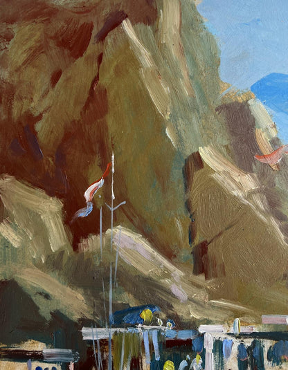 Textured oil painting of Yuriy Suprunchuk ferry ships on rugged cliffside