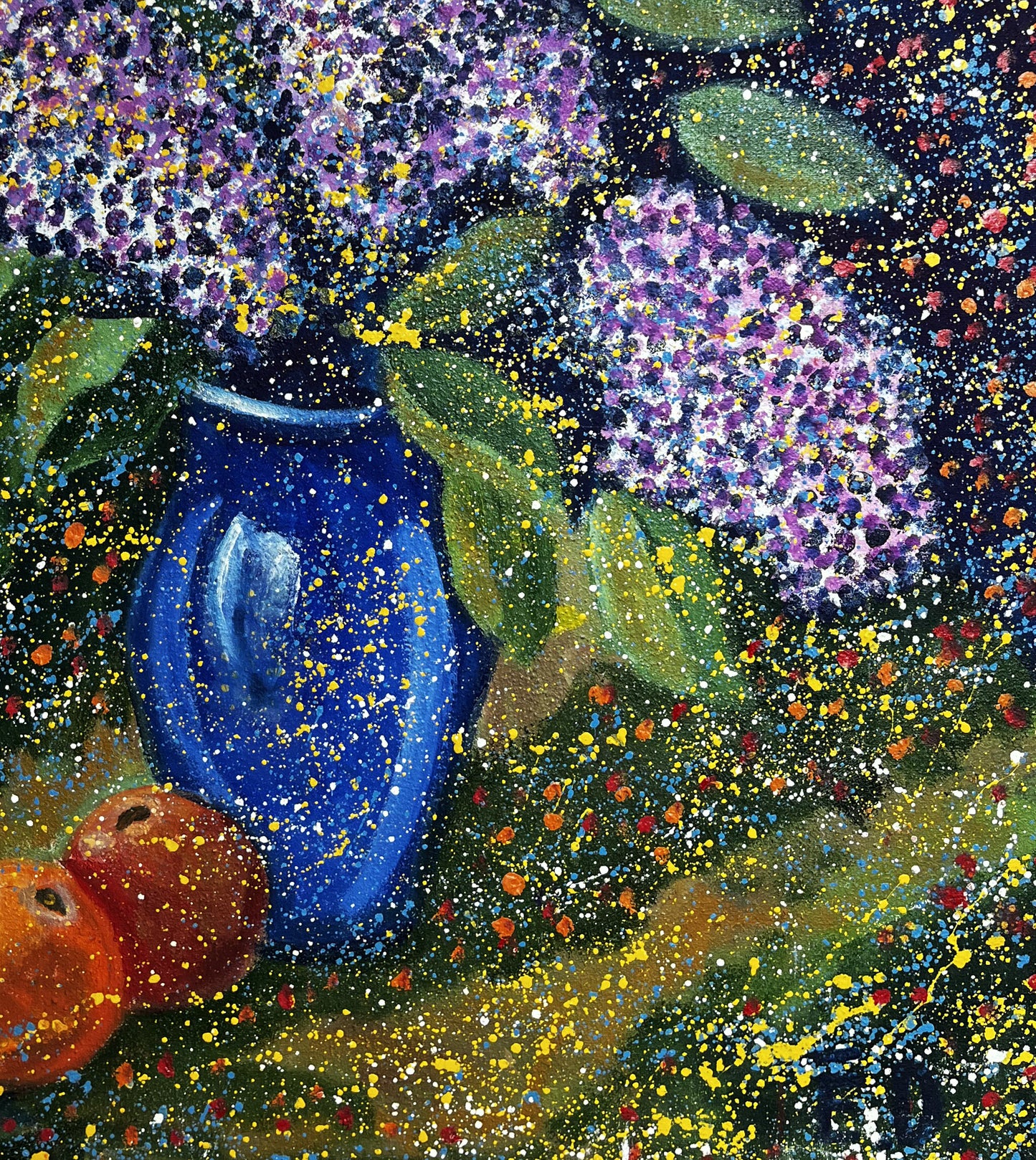 Oil painting Lilac Eric Danne: blue vase with purple hydrangeas