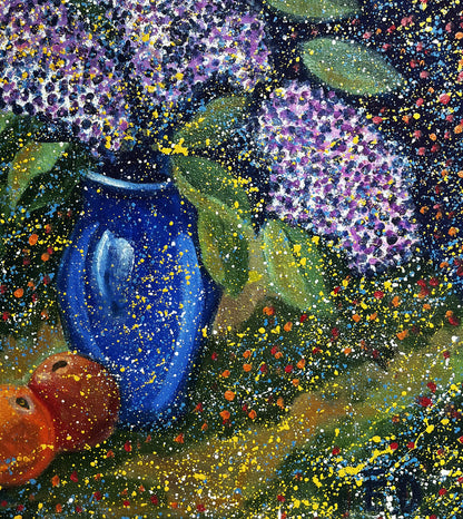 Oil painting Lilac Eric Danne: blue vase with purple hydrangeas