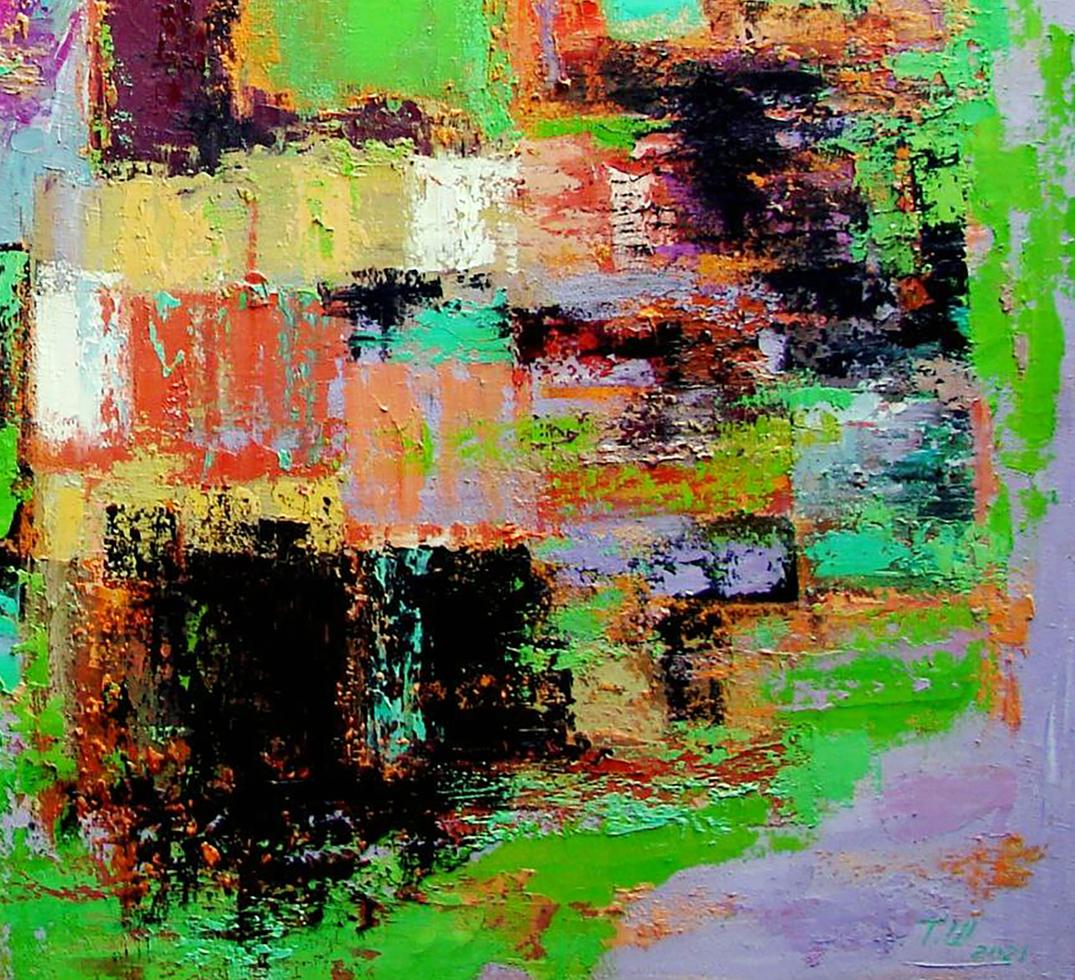 Vibrant oil painting Autumn warm day by Tatyana Shulyak in green, orange, black, purple