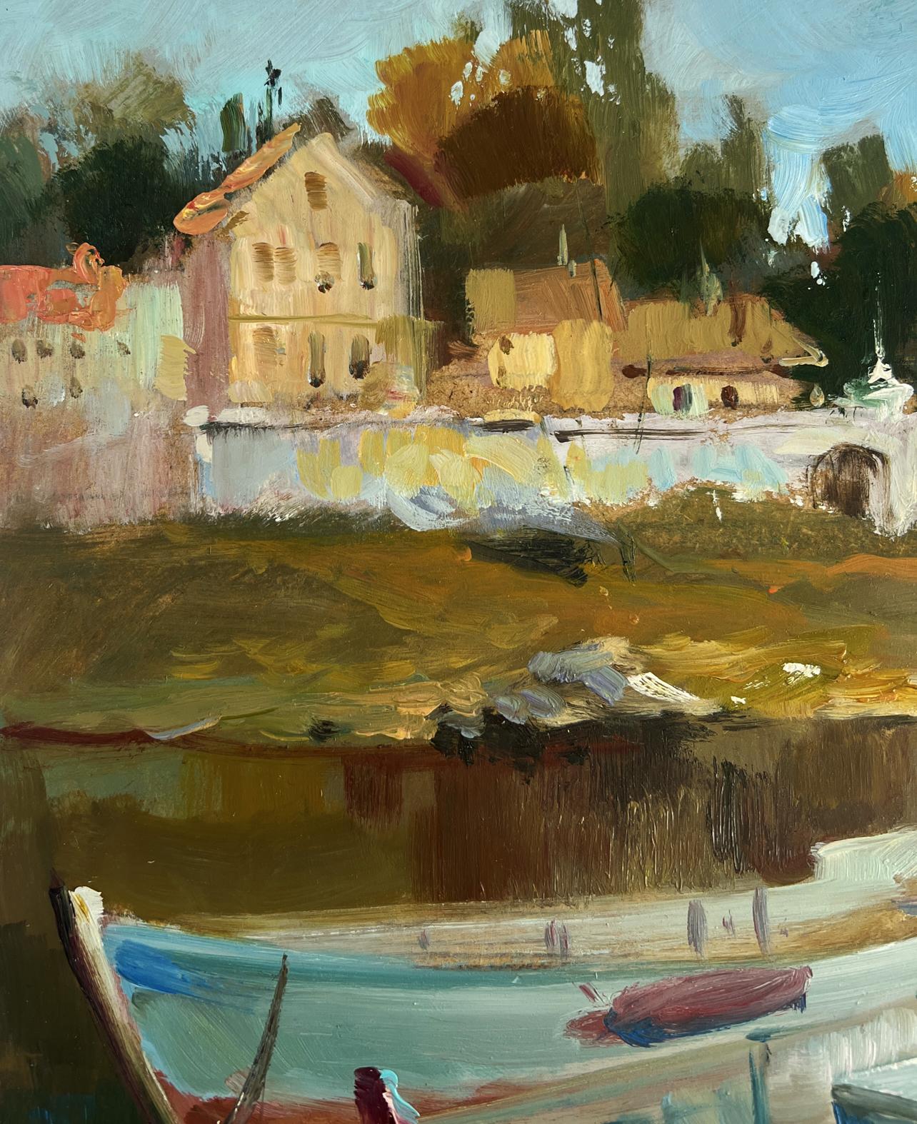 Impressionistic oil painting by Yuriy Suprunchuk of riverside village with boats
