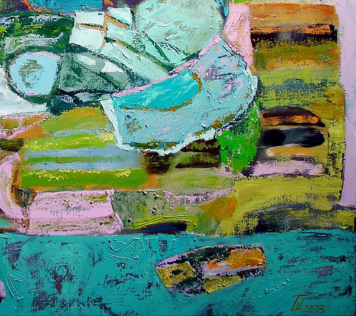 Oil painting Green Memory by Tatyana Shulyak, vibrant abstract expressionist textures