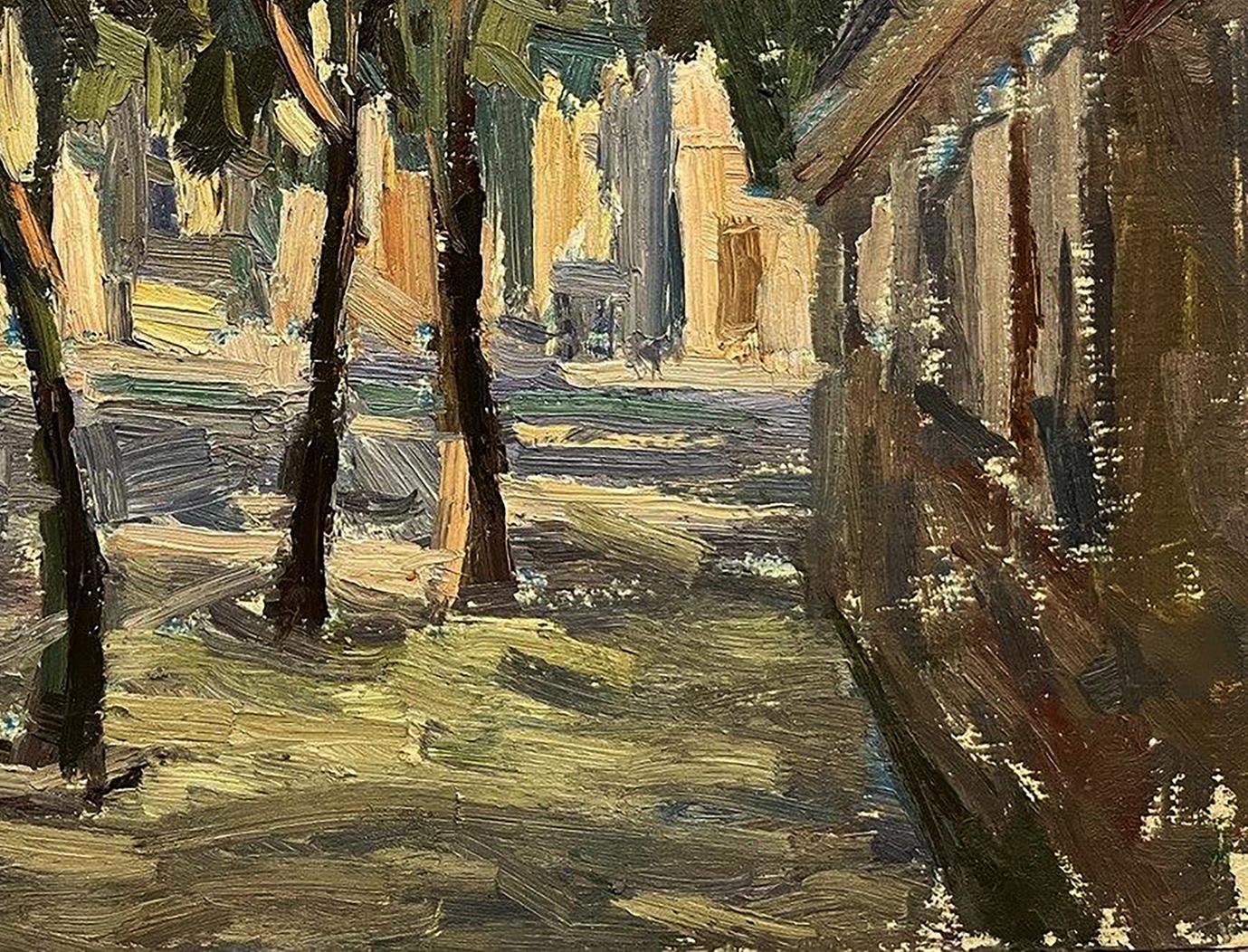Impressionistic oil painting by Oleg Kravets of sunlit city alley