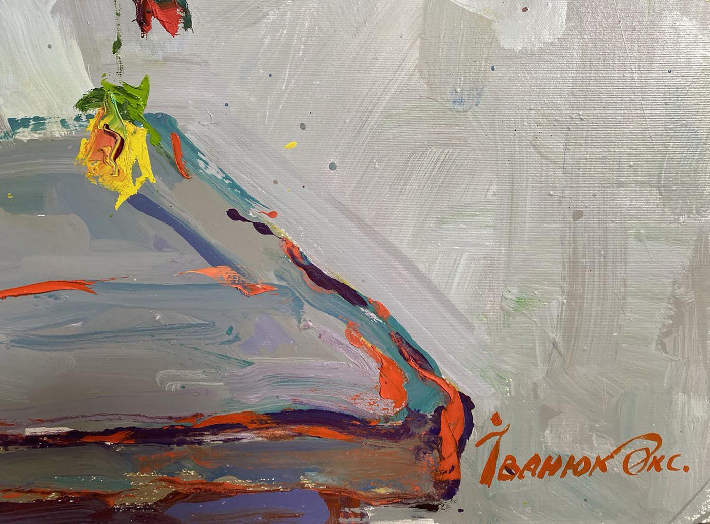 Oil painting Autumn dahlias by Oksana Ivanyuk with bold yellow orange teal purple strokes on gray canvas