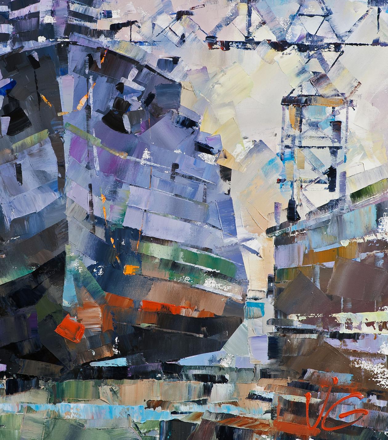 Abstract blue-gray oil painting of USS Texas BB-35 in dry dock