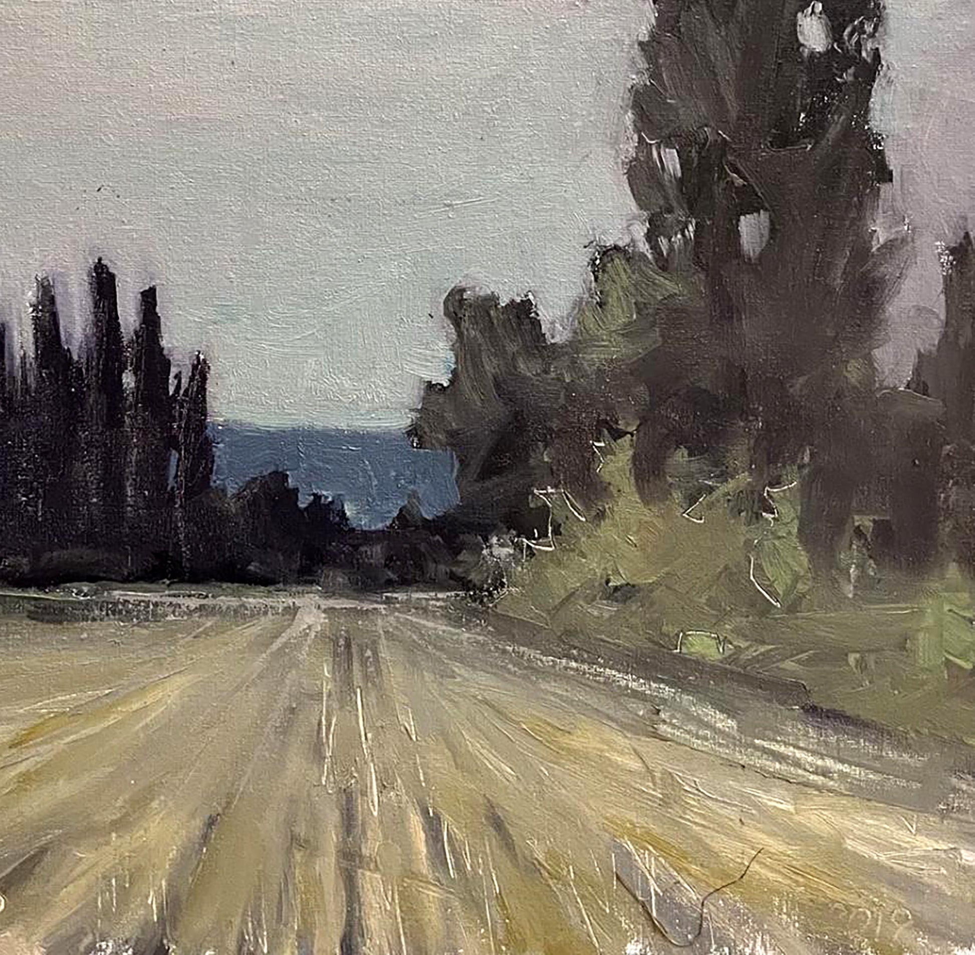 Oil painting Mowed field by Volodymyr Pashchenko: impressionistic dirt road with trees