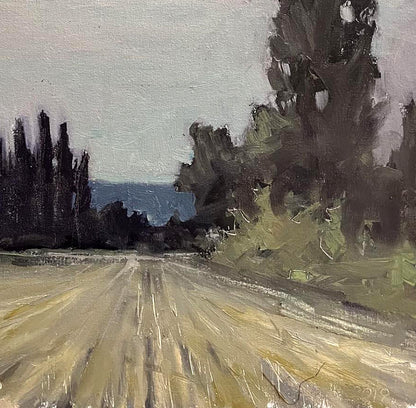 Oil painting Mowed field by Volodymyr Pashchenko: impressionistic dirt road with trees