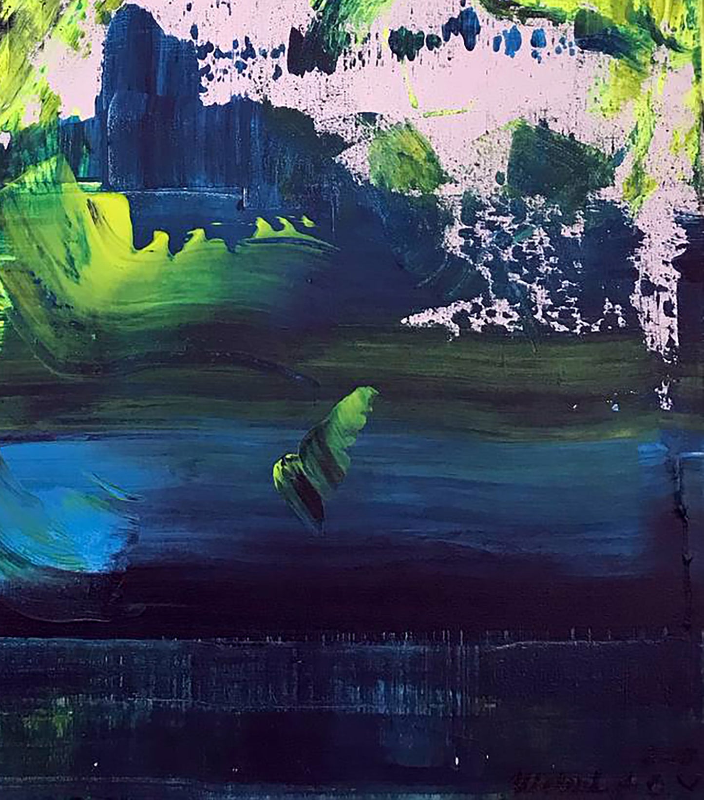 Abstract Orgasmic Life painting by Olga Melezhik with bold blue, green, white strokes