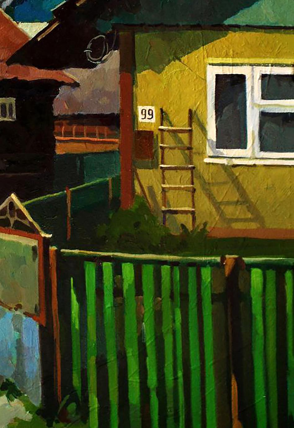 Oil painting of wooden ladder by yellow house wall with window by Anastasia Yaroshevich