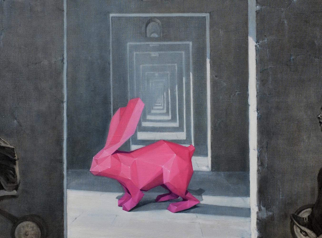 Vibrant pink geometric rabbit sculpture by Oleg Kateryniuk oil painting