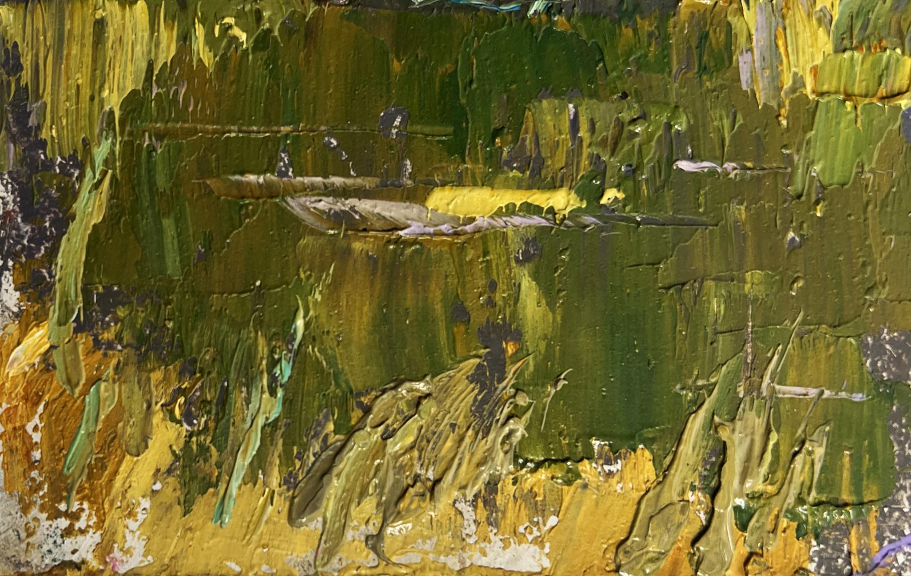 Oil painting Evening silence by the river by Oleksiy Ivanyuk, impasto green and yellow