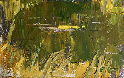 Oil painting Evening silence by the river by Oleksiy Ivanyuk, impasto green and yellow