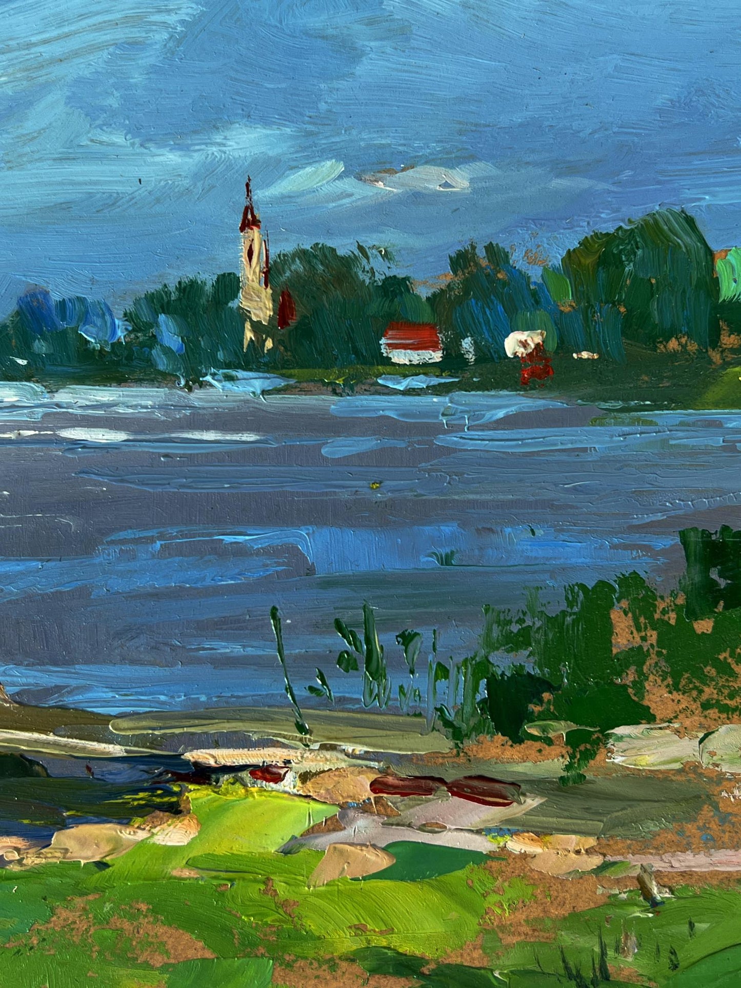 Impressionistic oil painting of Yuriy Suprunchuk Bridge by river with steeple