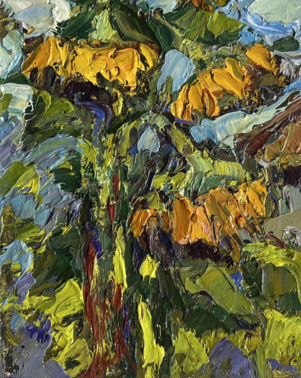 Vibrant impressionist oil painting of sunflowers near the house by Oksana Ivanyuk