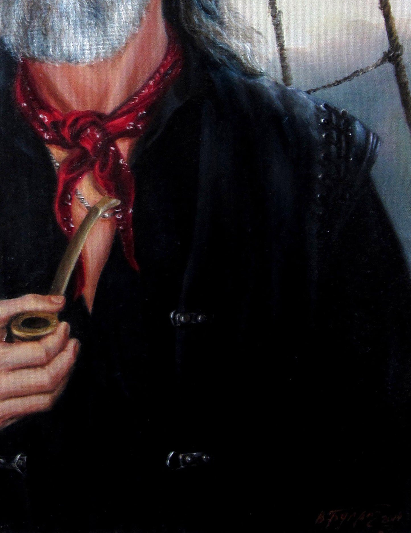 Hand holding bronze pipe in Sea Wolf Valeriy Bulat oil painting