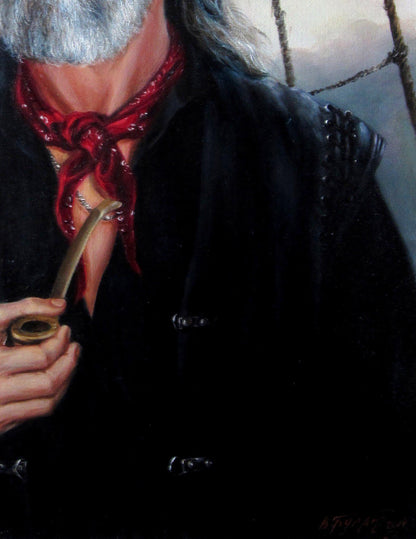 Hand holding bronze pipe in Sea Wolf Valeriy Bulat oil painting