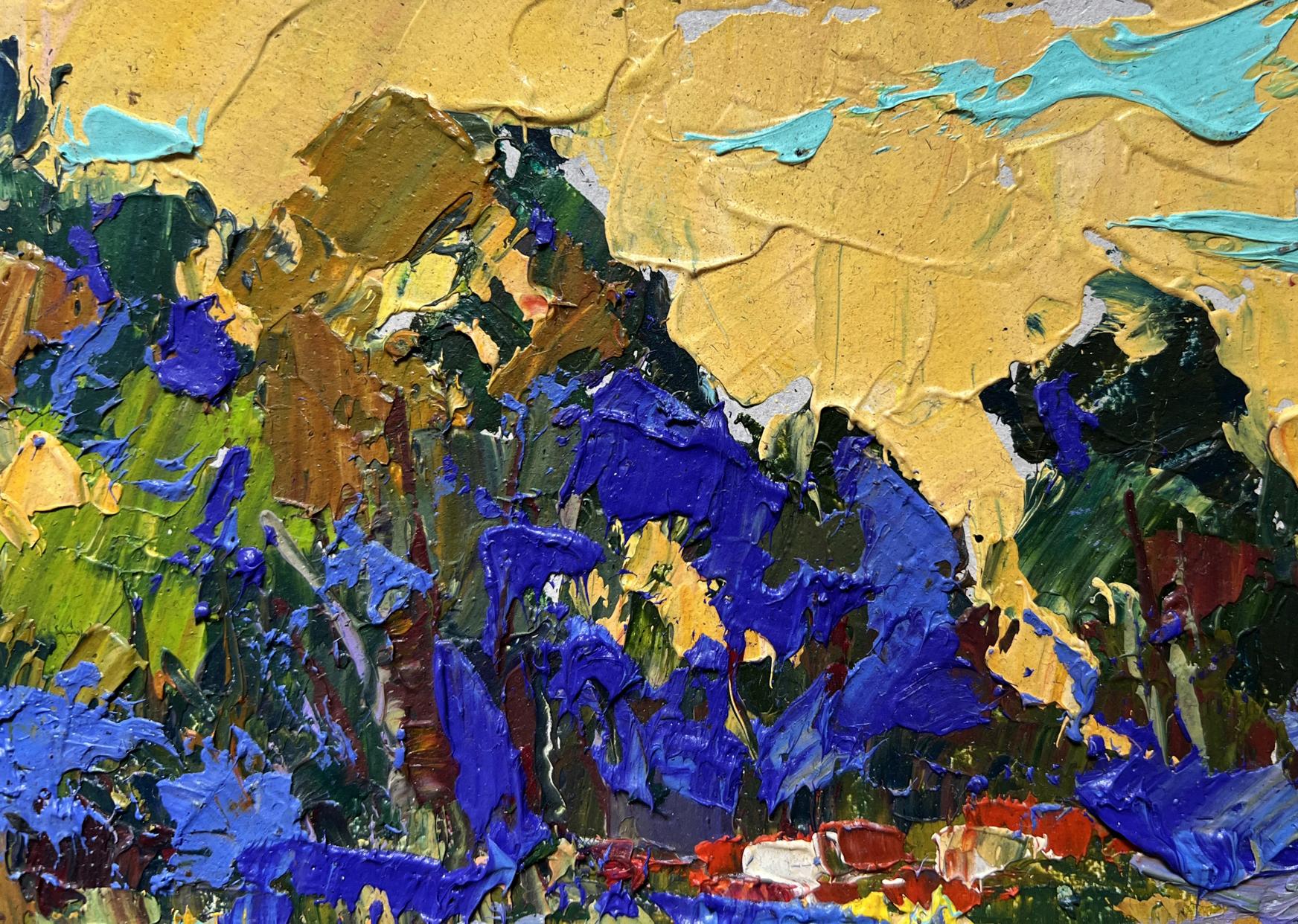 Golden autumn evening oil painting by Oleksiy Ivanyuk, vibrant abstract textured brushstrokes