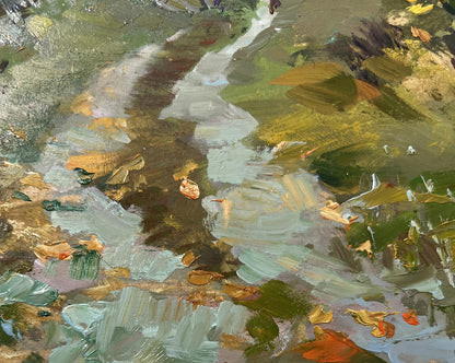 Impressionistic oil painting of forest path by stream by Yuriy Suprunchuk