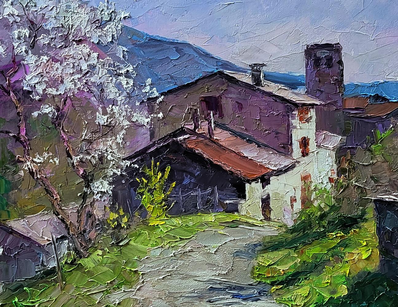 Oil painting Village in the mountains by Boris Serdyuk rustic scene