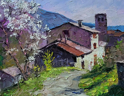 Oil painting Village in the mountains by Boris Serdyuk rustic scene