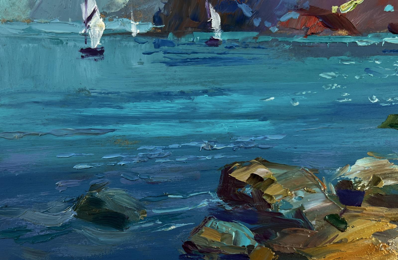 Vibrant impressionist oil painting of sailboats on sea by Yuriy Suprunchuk