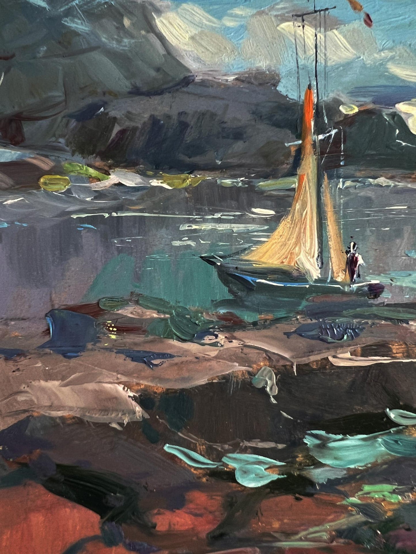 Oil painting of sailboat near seashore by Yuriy Suprunchuk