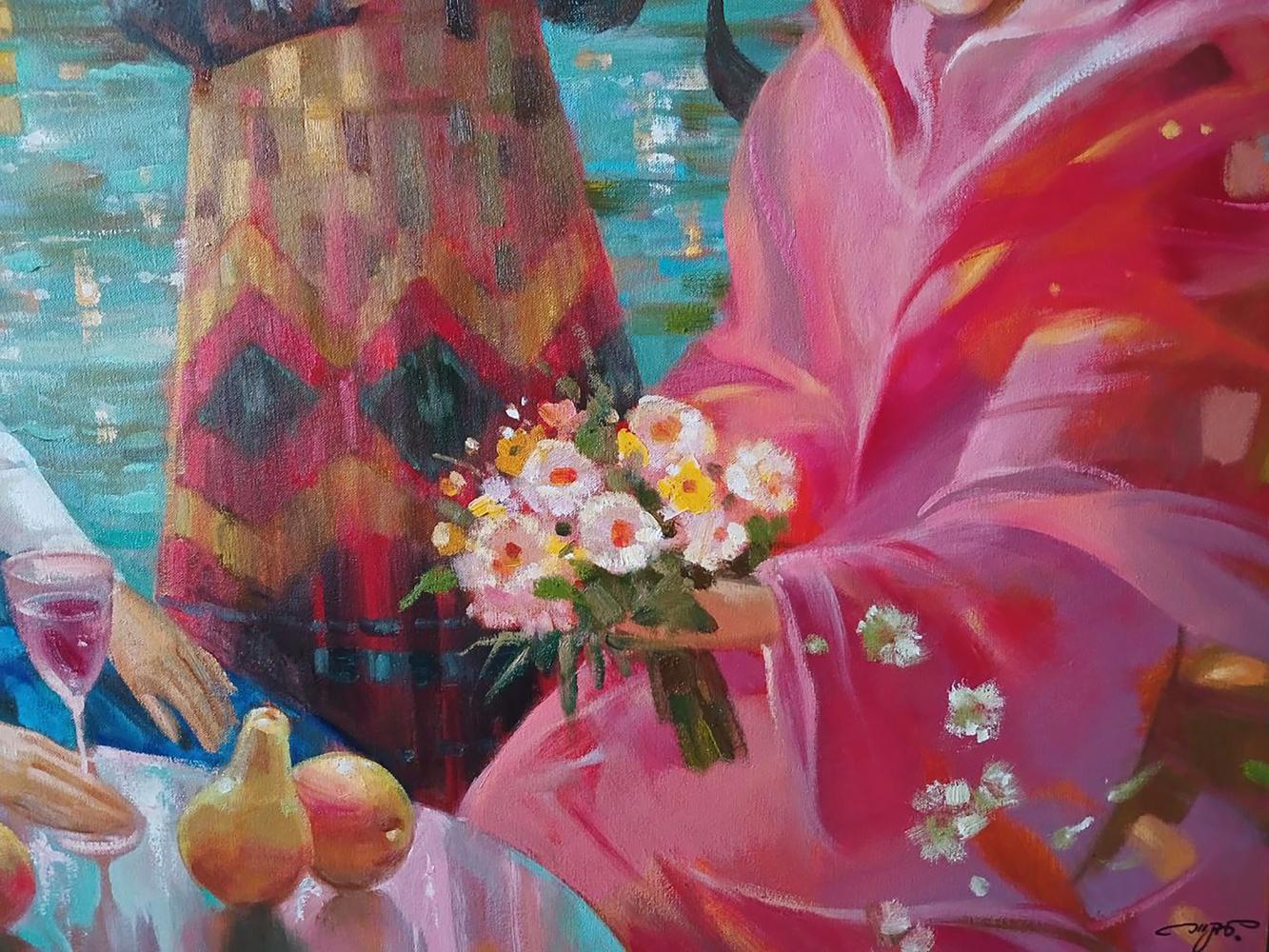 Abstract Carnival in Venice oil painting by Anatoly Tarabanov with vibrant flowers
