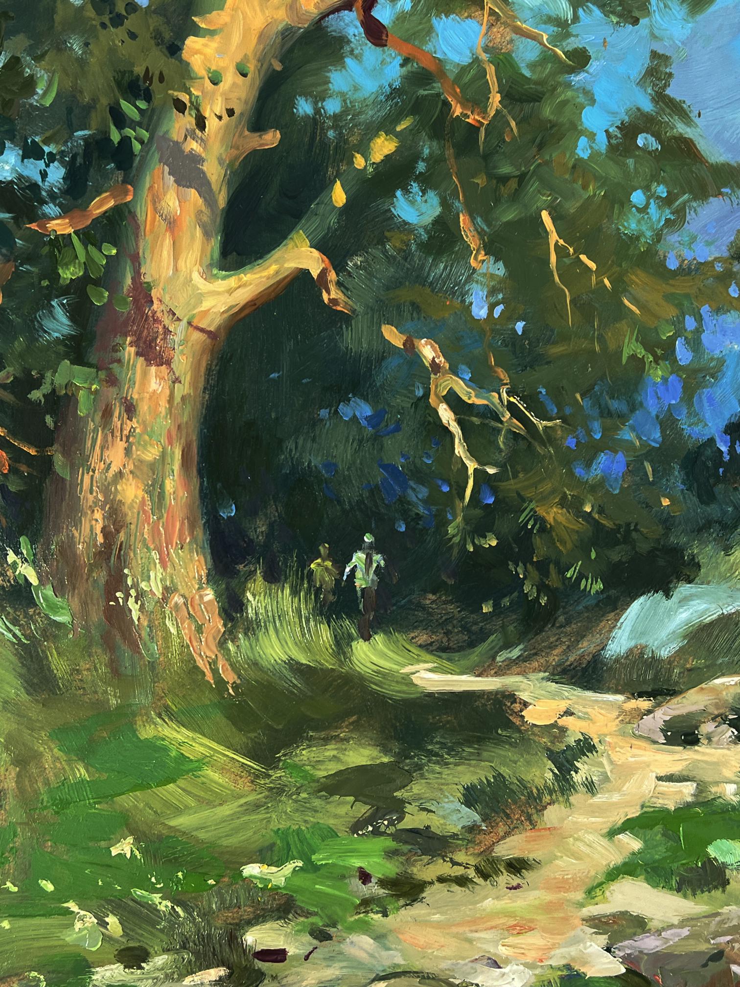 Vibrant impressionist oil painting of daytime forest road by Yuriy Suprunchuk