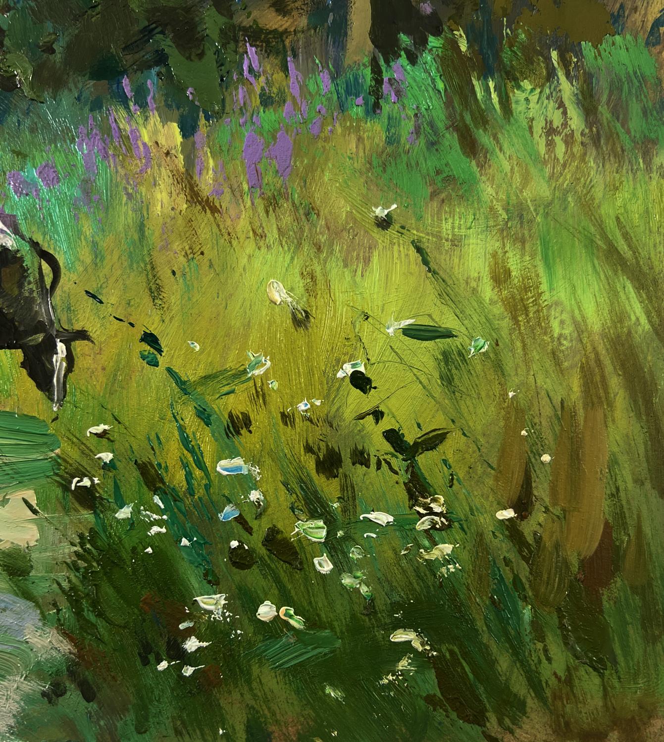 Oil painting Summer road to the forest by Yuriy Suprunchuk with vibrant wildflowers