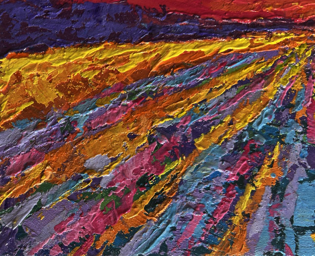 Oil painting Yellow rays of sunset V. Zadorozhnya vibrant textured hues